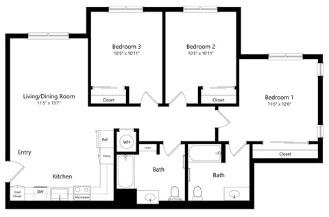 Three Bedroom Floor Plan at River Canyon Affordable Apartments in Merced, CA